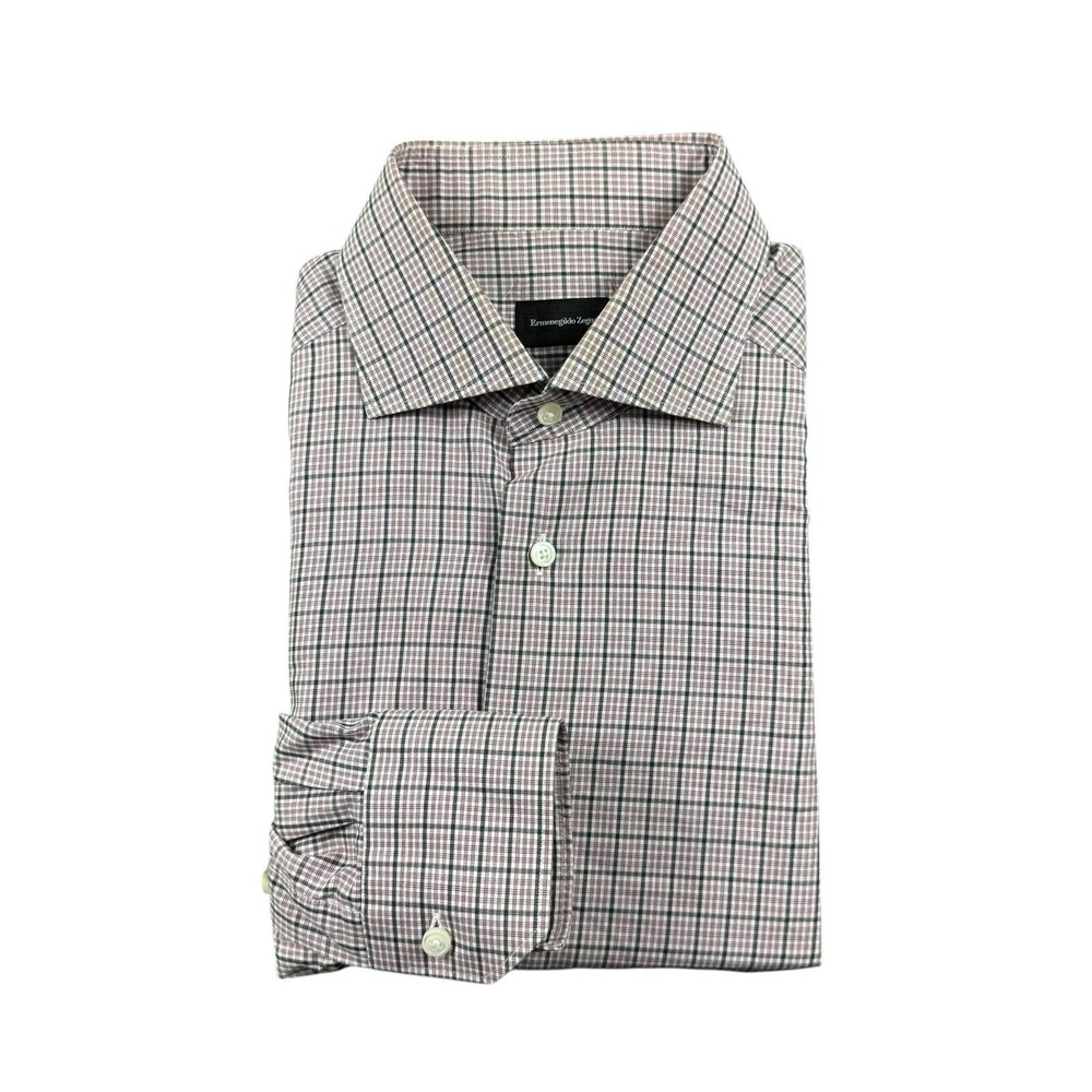 Ermenegildo Zegna Maroon Gray Checked Cotton L/S Men’s Button Front Size 16/41